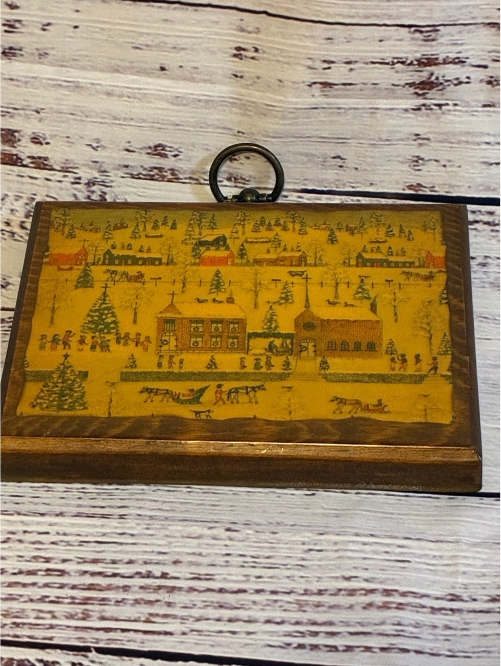 Vintage Wooden Wall Plaque Yellow Folk Art Village Scene